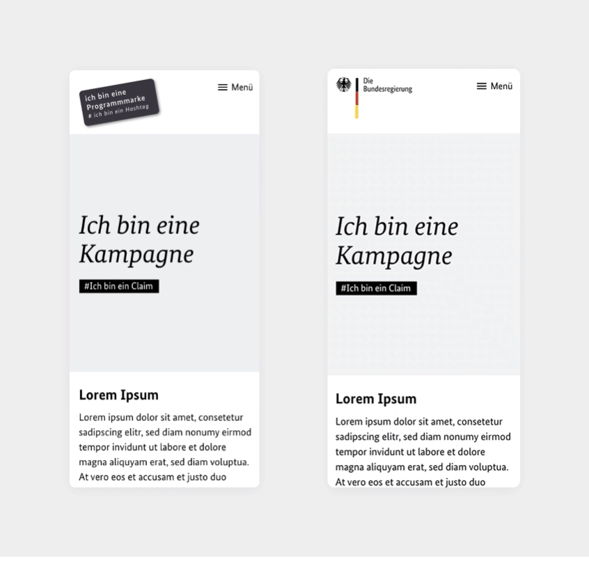 ​​​​​​​Animation: Mobile Seite wird durchgescrollt. Transformation von originärer Bildwortmarke zur Minimalversion.