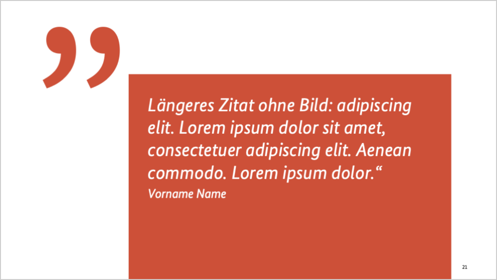 Orangefarbenes Icon für Anführungszeichen, gleichfarbige Text-Box mit weissem Blind-Text.