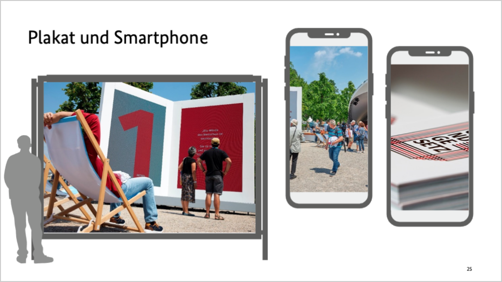 links Plakatwand mit Person davor stehend, rechts zwei Smartphone-Screens.