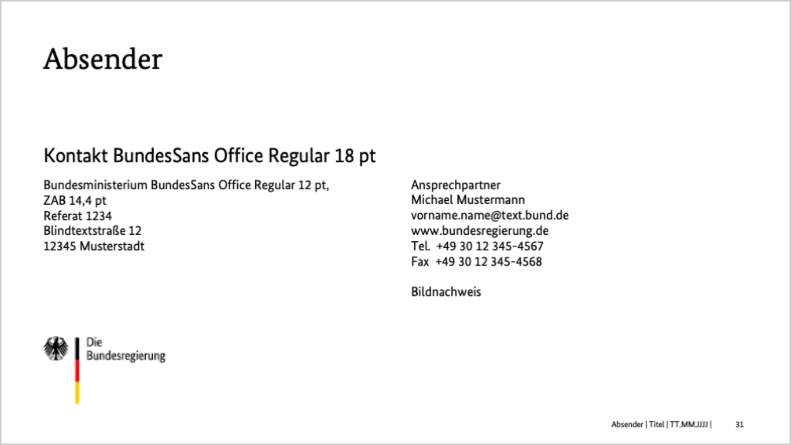 Kontaktdaten: Absender und Ansprechpartner sowie links unten die Bildwortmarke.